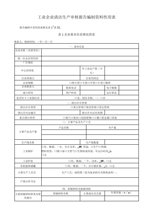 工业企业清洁生产审核报告编制资料性用表