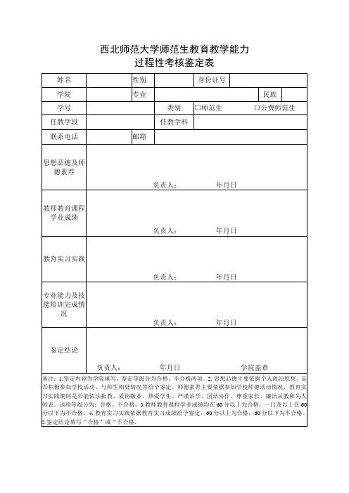 西北师范大学师范生教育教学能力过程性考核鉴定表