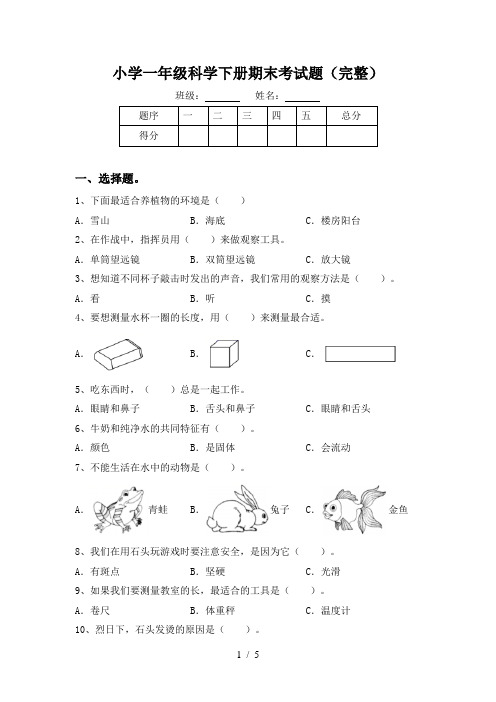 小学一年级科学下册期末考试题(完整)