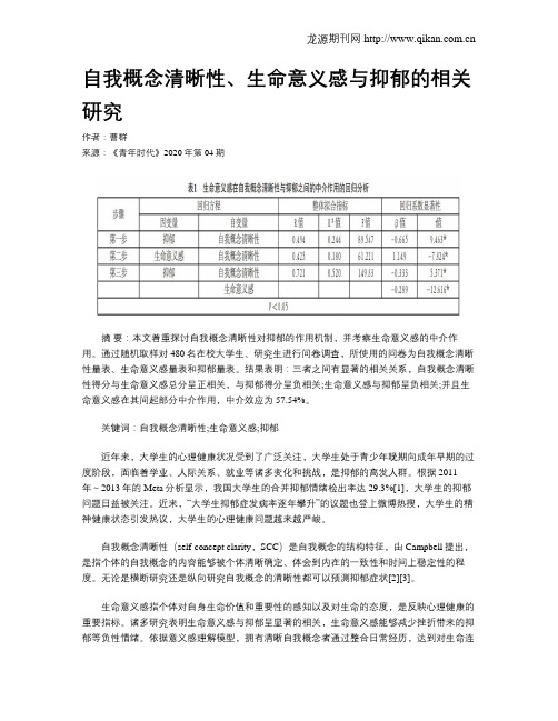 自我概念清晰性、生命意义感与抑郁的相关研究