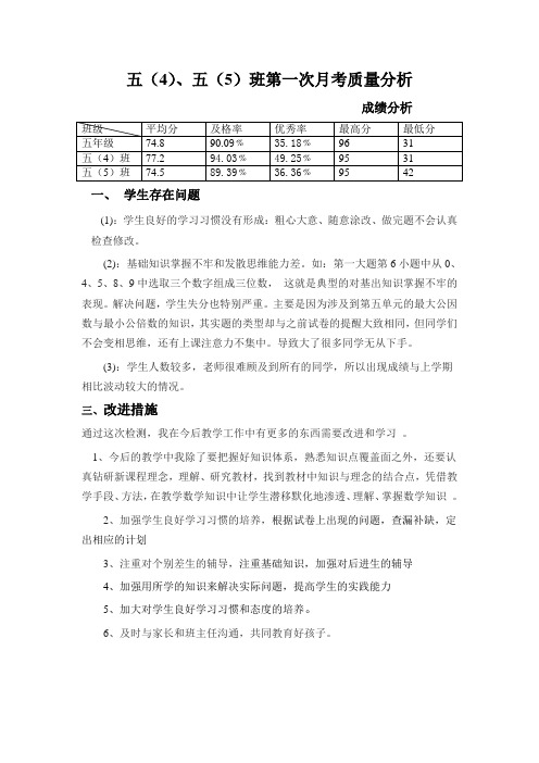 五年级数学下册第一次月考质量分析