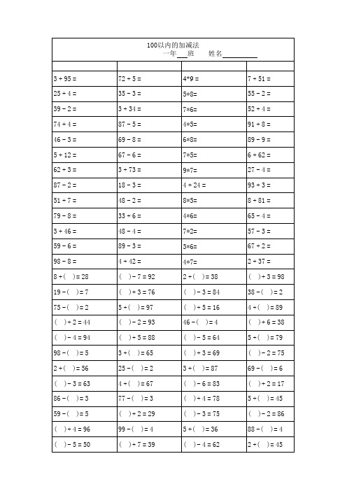 小学一年级100以内加减乘法口算题卡15套1500道