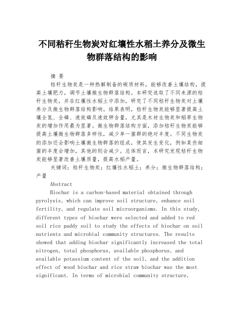 不同秸秆生物炭对红壤性水稻土养分及微生物群落结构的影响