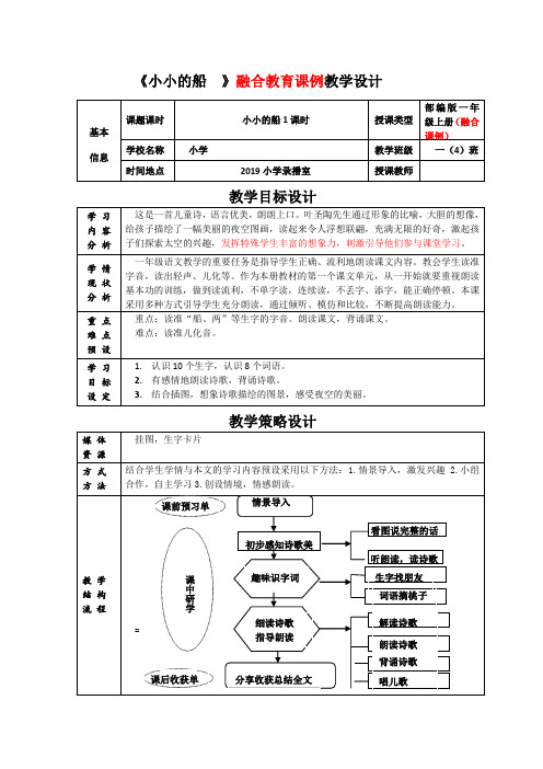 部编版一年级上册语文《小小的船  》融合教育课例教学设计一师一优课