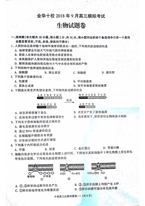 2018年9月浙江省学考选考浙江省金华市金华十校高三模拟试题生物试题