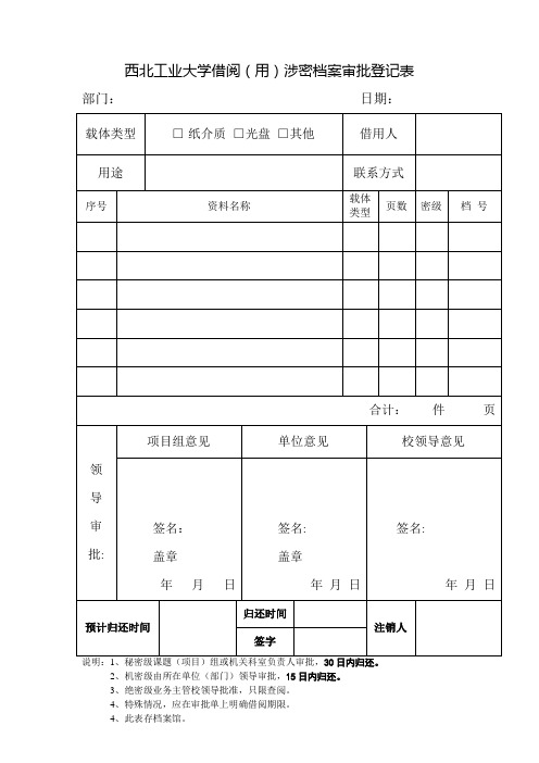 西北工业大学借阅(用)涉密载体审批表(定2)