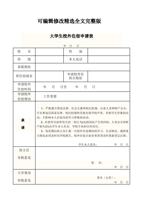 大学生校外住宿申请表精选全文