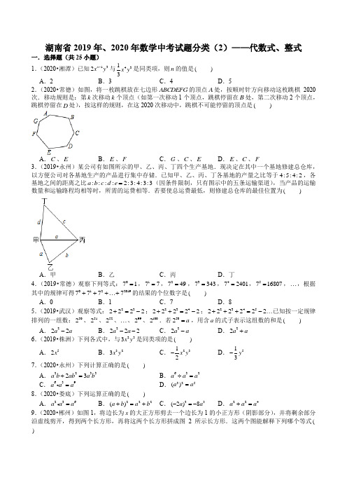 湖南省2019年、2020年数学中考试题分类(2)——代数式、整式(含解析)