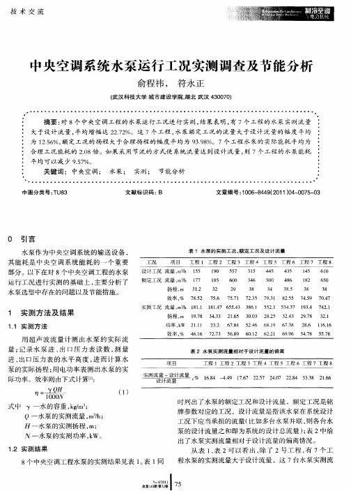 中央空调系统水泵运行工况实测调查及节能分析