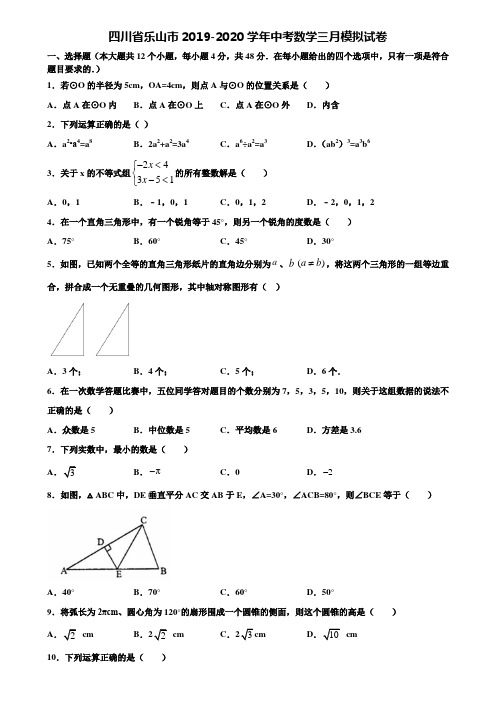 【附5套中考模拟试卷】四川省乐山市2019-2020学年中考数学三月模拟试卷含解析