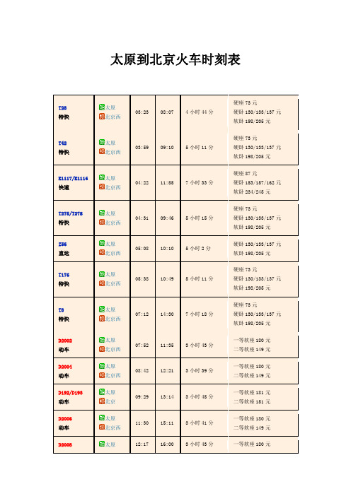 太原到北京火车时刻表