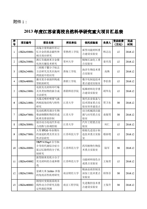 2011年江苏省高校自然科学研究重大基础研究项目一览表