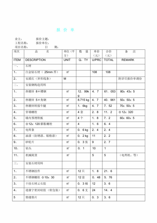 外墙石材干挂报价明细表格范例