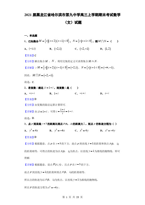 2021届黑龙江省哈尔滨市第九中学高三上学期期末考试数学(文)试题(解析版)