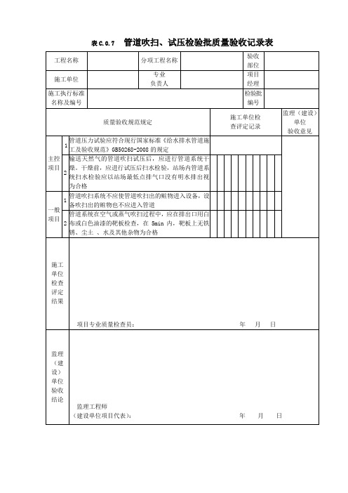 管道吹扫、试压检验批质量验收记录表