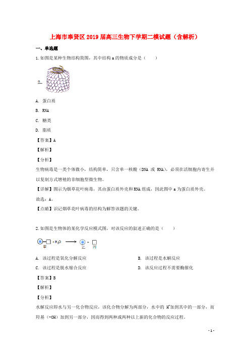 上海市奉贤区2019届高三生物下学期二模试题(含解析)