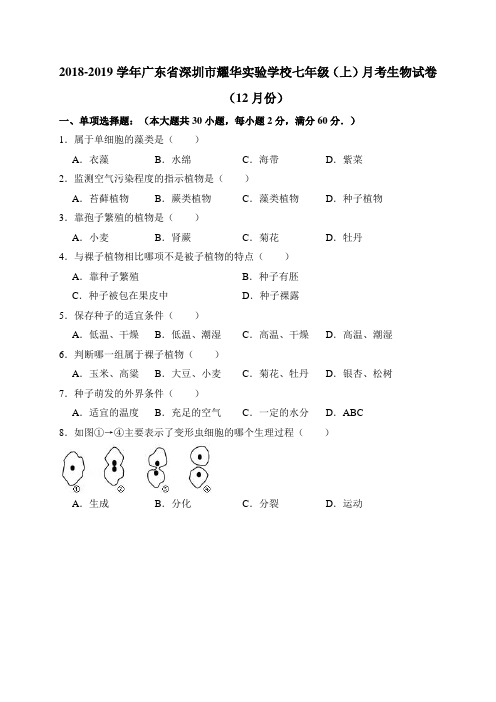 2018-2019学年广东省深圳市耀华实验学校七年级(上)月考生物试卷(12月份)(解析版)