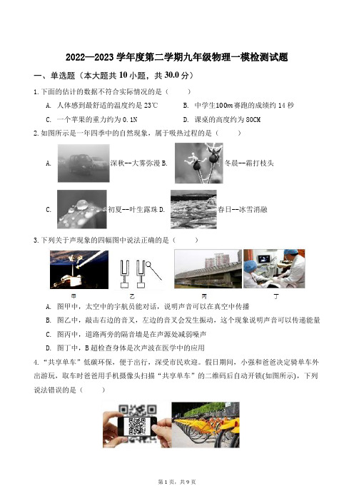 2022—2023学年度第二学期九年级物理一模检测试题word版(附答案)