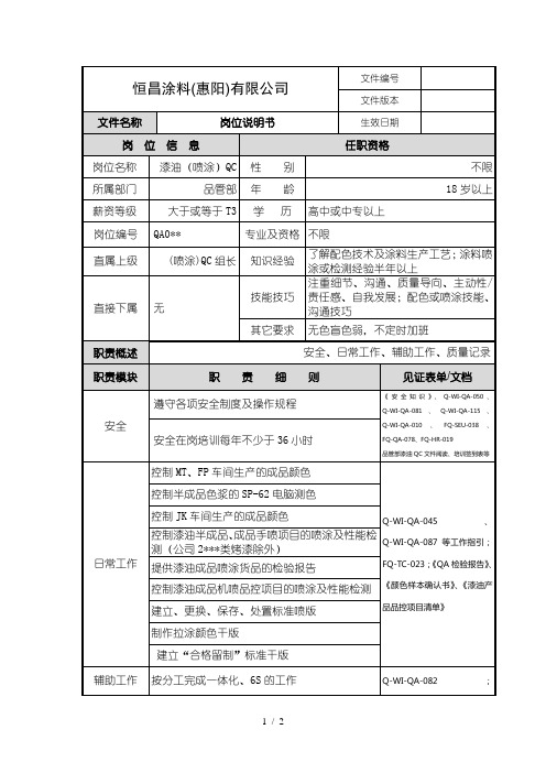 岗位说明书-漆油QC喷涂QC员#