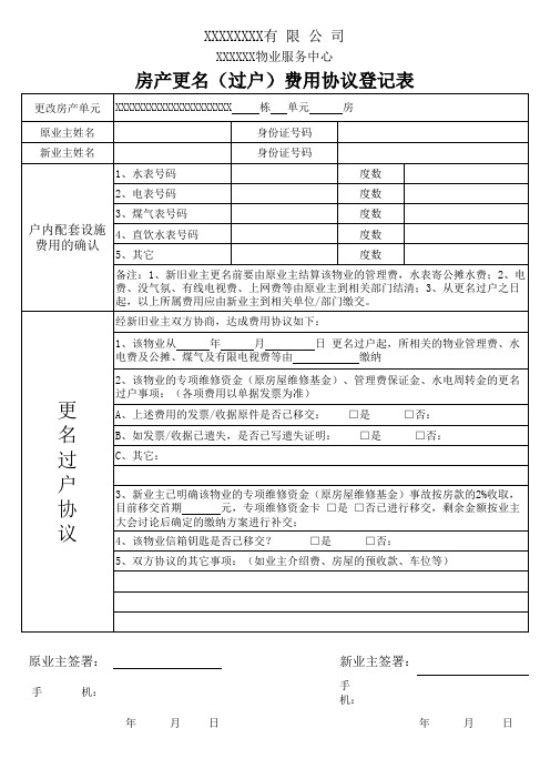 房产更名(过户)费用协议登记表