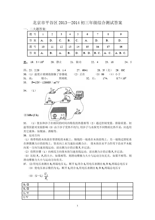 2014北京市平谷区初三物理一模答案