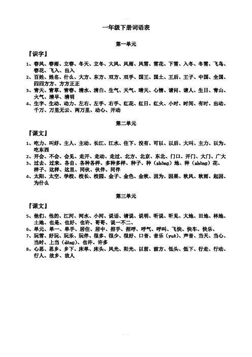 一年级下学期语文生字词语表