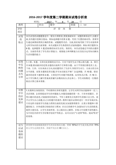 期末考试试卷分析表样