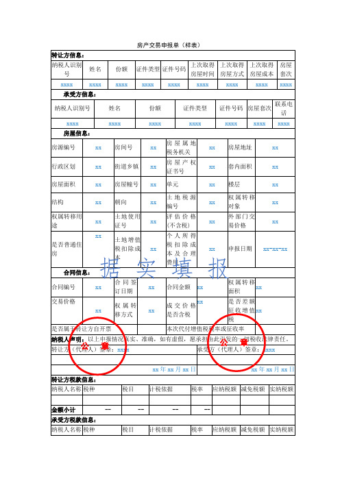 房产交易申报单(样表)