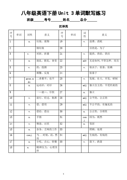 初中英语人教新目标八年级下册Unit 3单词默写练习(汉译英+英译汉)