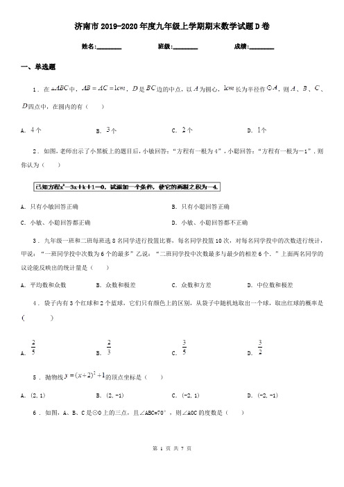 济南市2019-2020年度九年级上学期期末数学试题D卷