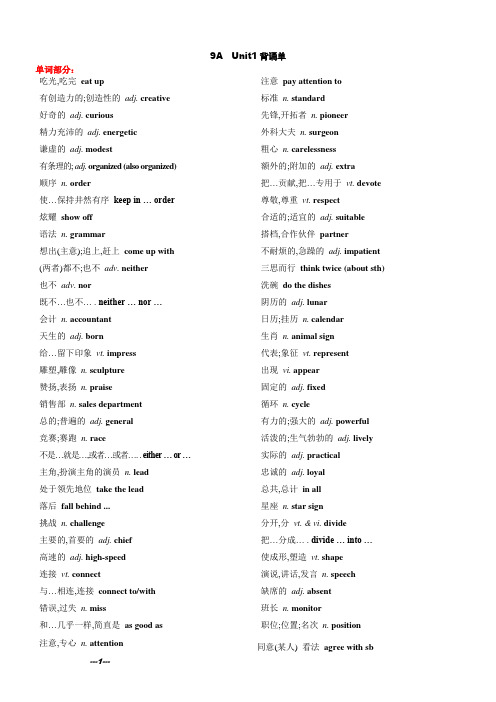 unit1单词词组背诵单 牛津译林版九年级英语上册