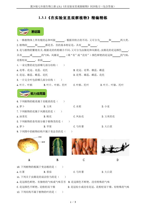 冀少版七年级生物上册1.3.1《在实验室里观察植物》同步练习(包含答案)