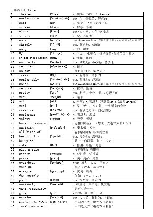 人教版八年级上册4单元单词(附音标)