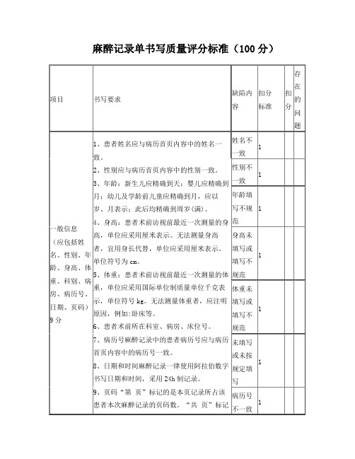 麻醉记录单书写质量标准