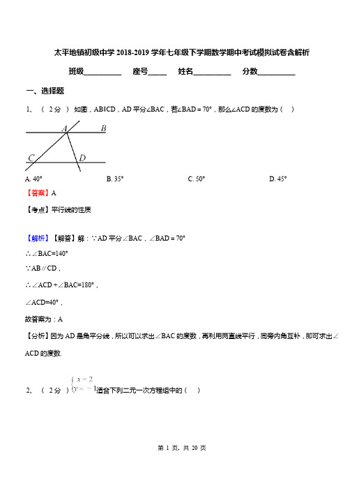 太平地镇初级中学2018-2019学年七年级下学期数学期中考试模拟试卷含解析