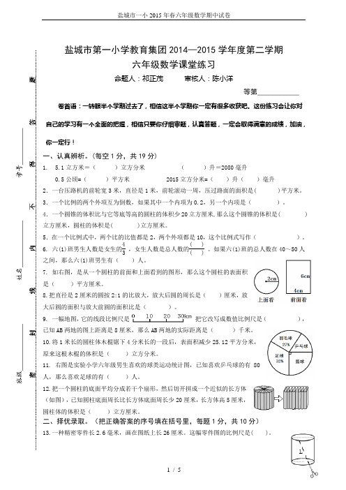 盐城市一小2015年春六年级数学期中试卷