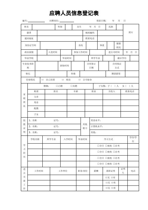 应聘人员信息登记表(模板)