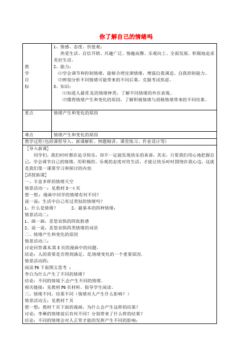 七年级政治上册 1.1 你了解自己的情绪吗教案 鲁教版五四制