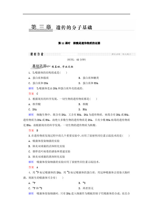 2018-2019学年浙科版必修二  第3章 遗传的分子基础 第11课时 核酸是遗传物质的证据 作业 (1)