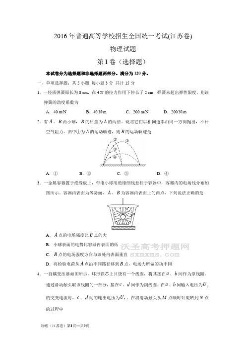 2016年高考江苏卷物理试题