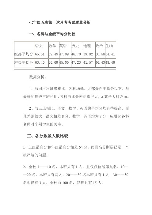 七年级五班第一次月考考试质量分析