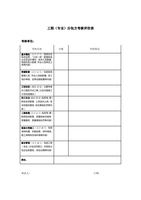 工程分包方考核评价表