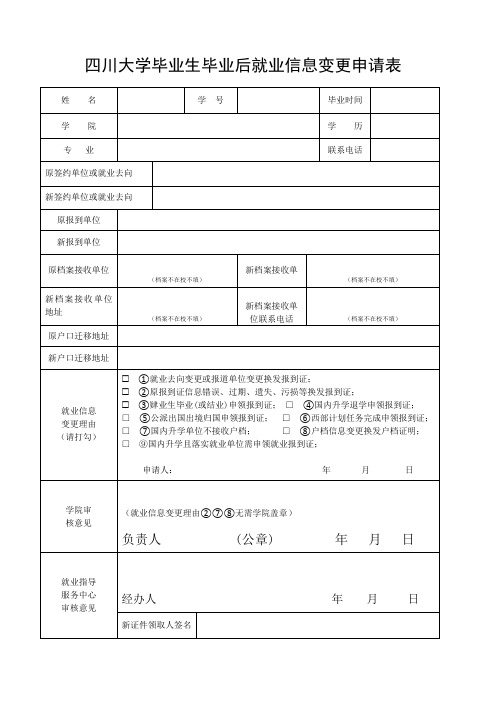 四川大学毕业生毕业后就业信息变更申请表