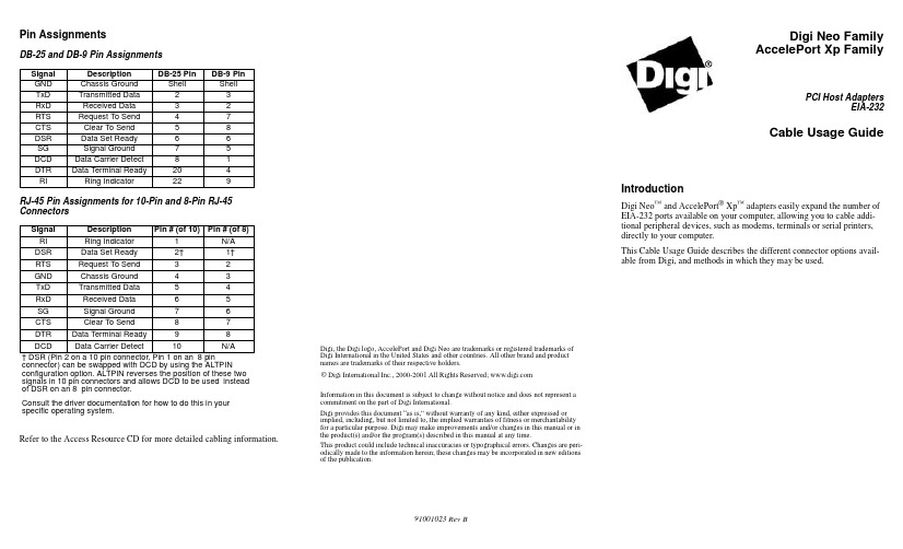 数字国际 AccelePort 和 Digi Neo 系列连接器 Pin 分配文档