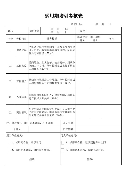 试用期培训考核表