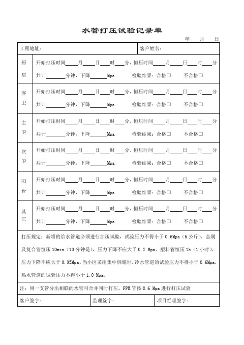 11、水管打压试验记录单