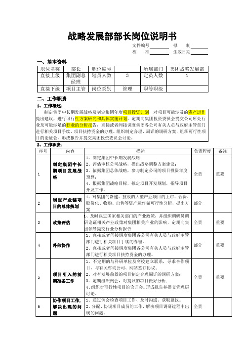 战略发展部部长岗位说明书