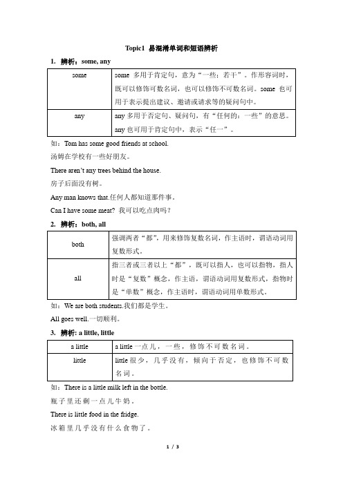 仁爱版英语七年级上册Unit3 Topic1 易混淆单词和短语辨析