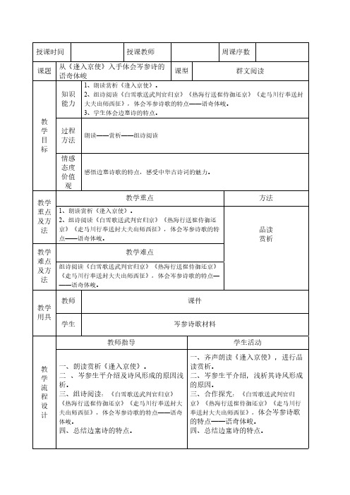 逢入京使 初中七年级语文下册教案教学设计教学反思 人教版