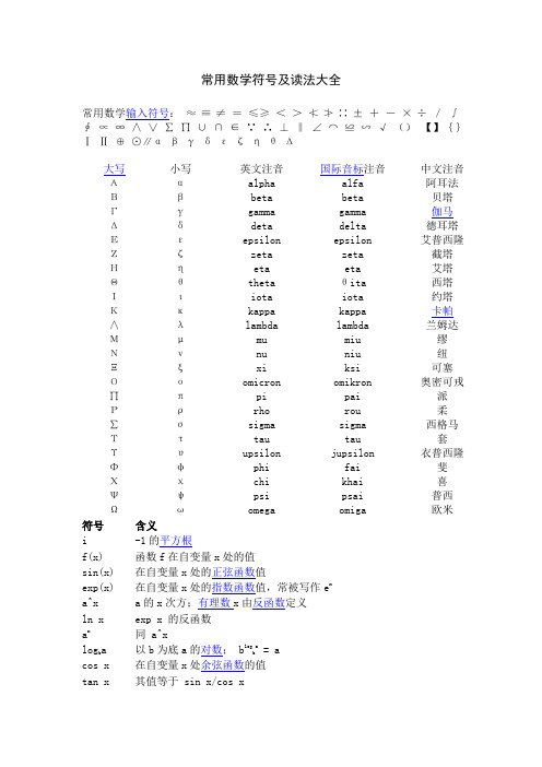 常用数学符号及读法大全